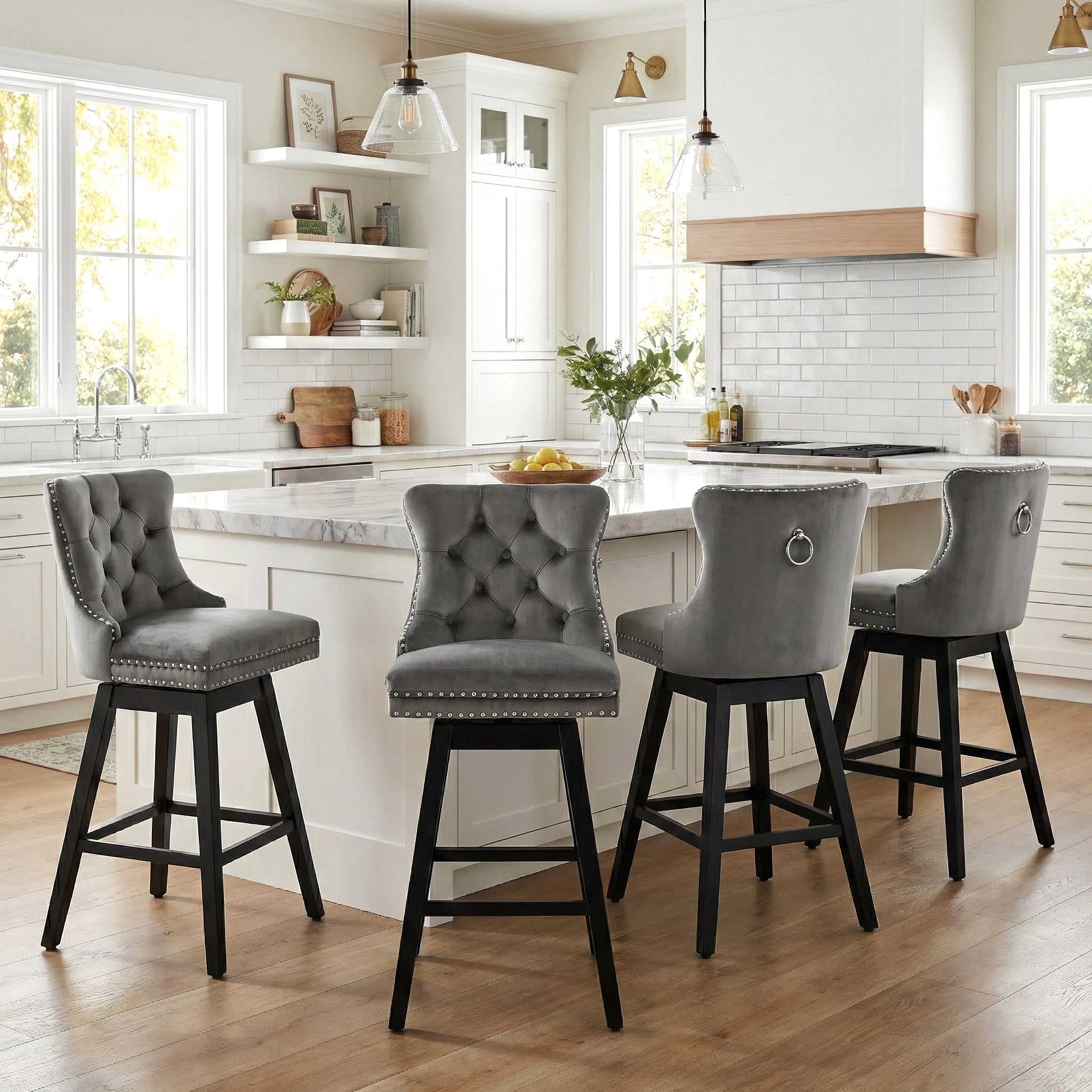 Fahomiss 30" Swivel Bar Stools Set of 4, Gray Velvet Bar Height Chairs with Back for Home Pub