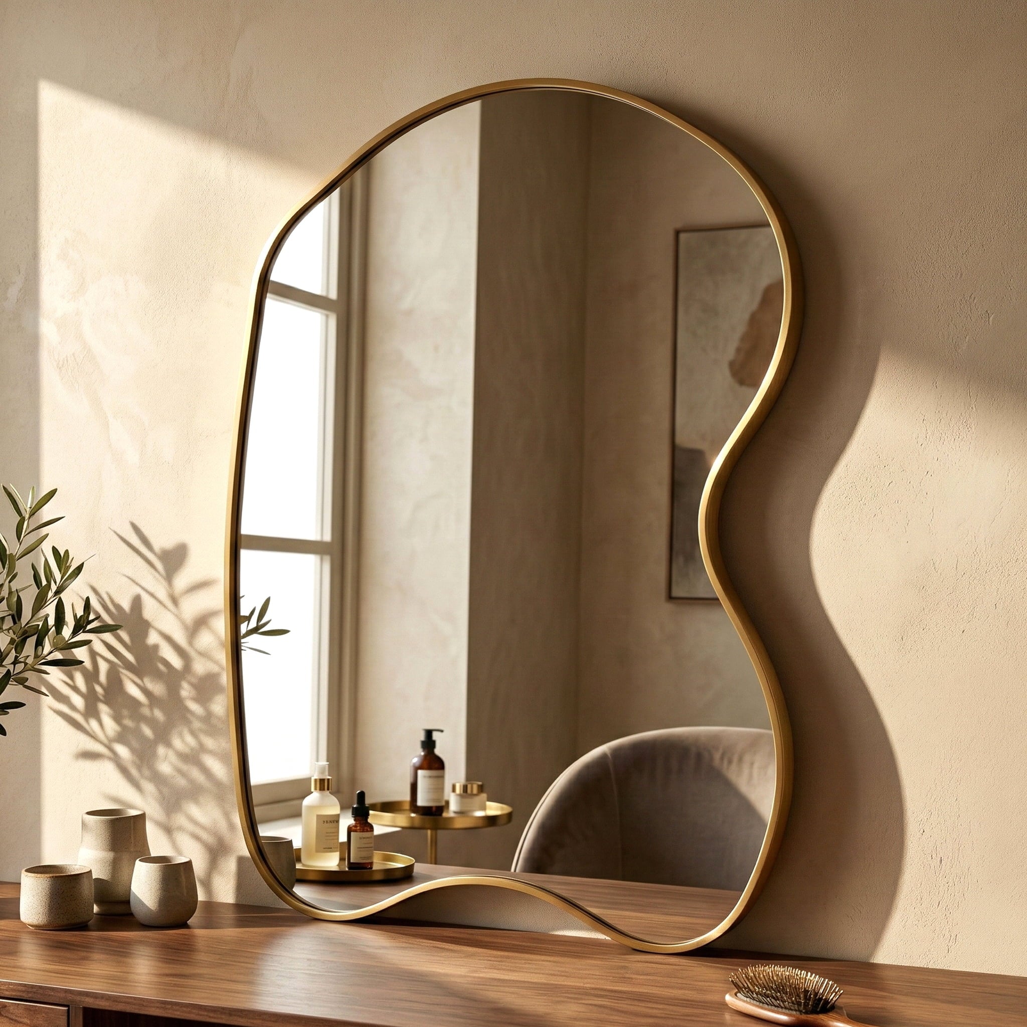 Fahomiss 20"x32" Irregular Wall Mirror, Gold Curved Asymmetrical Bathroom Mirror for Vanity