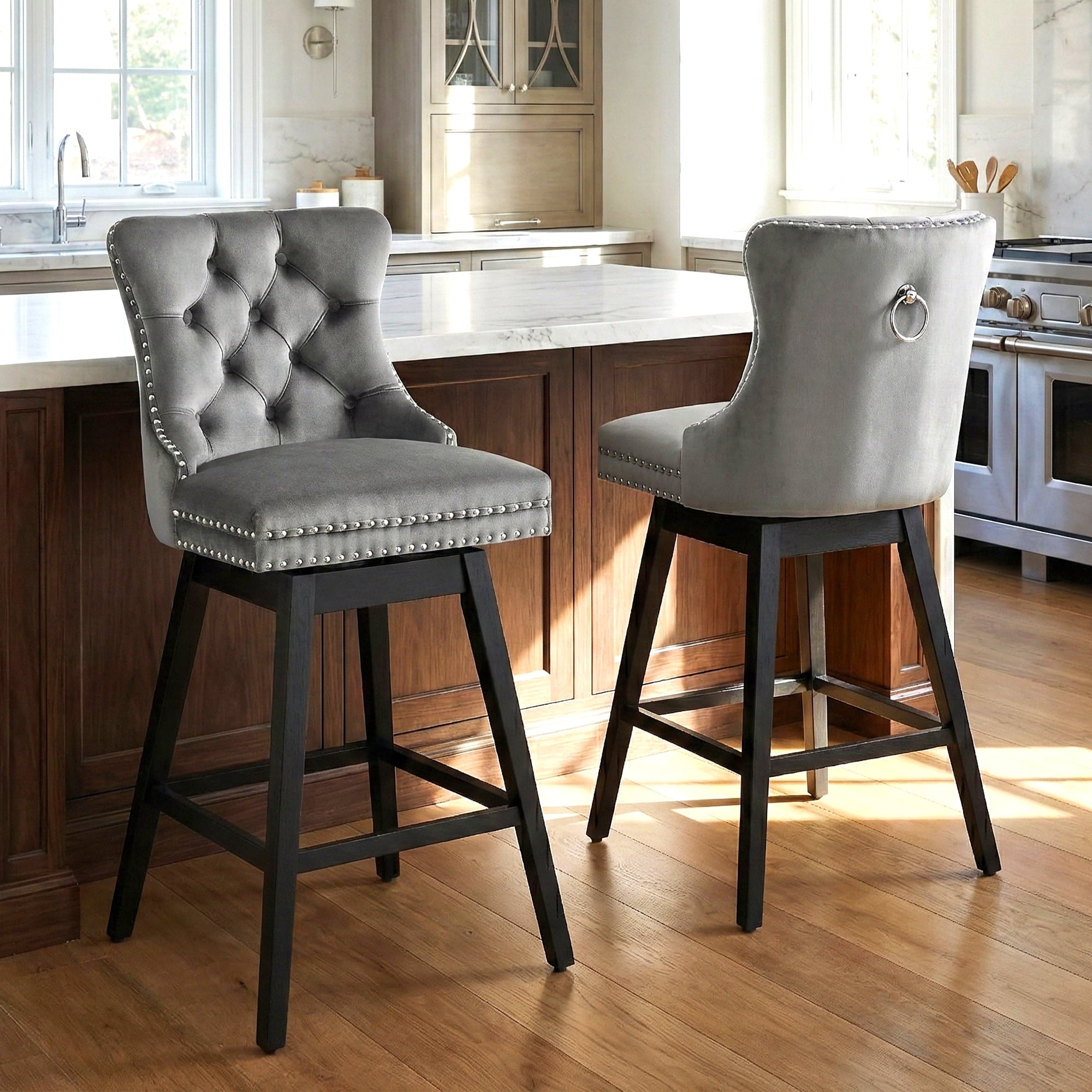Fahomiss 26" Counter Height Swivel Bar Stools Set of 2, Gray Velvet Kitchen Island Chairs with Back