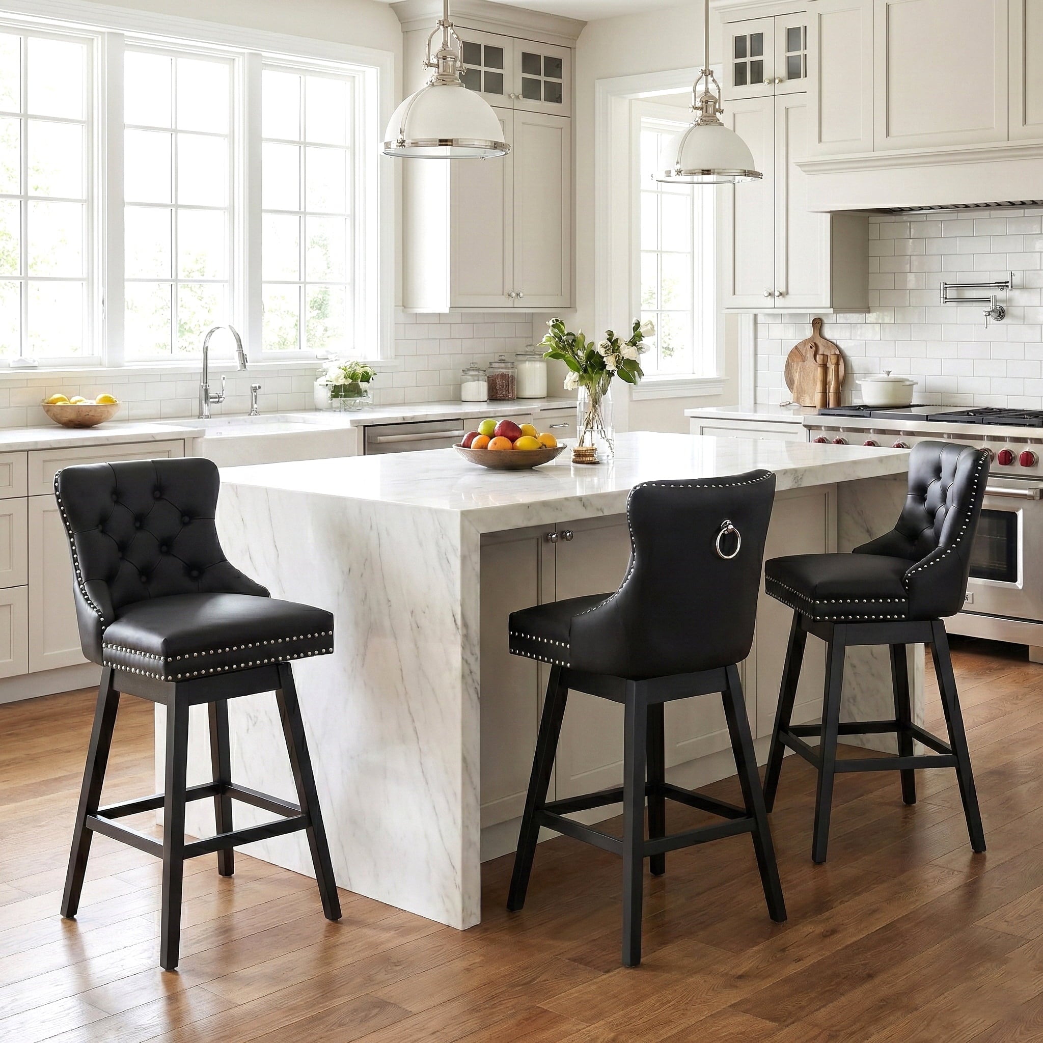 Fahomiss Swivel Bar Stools Counter Height Set of 3, 26" Faux Leather Kitchen Island Chairs with Back, Black