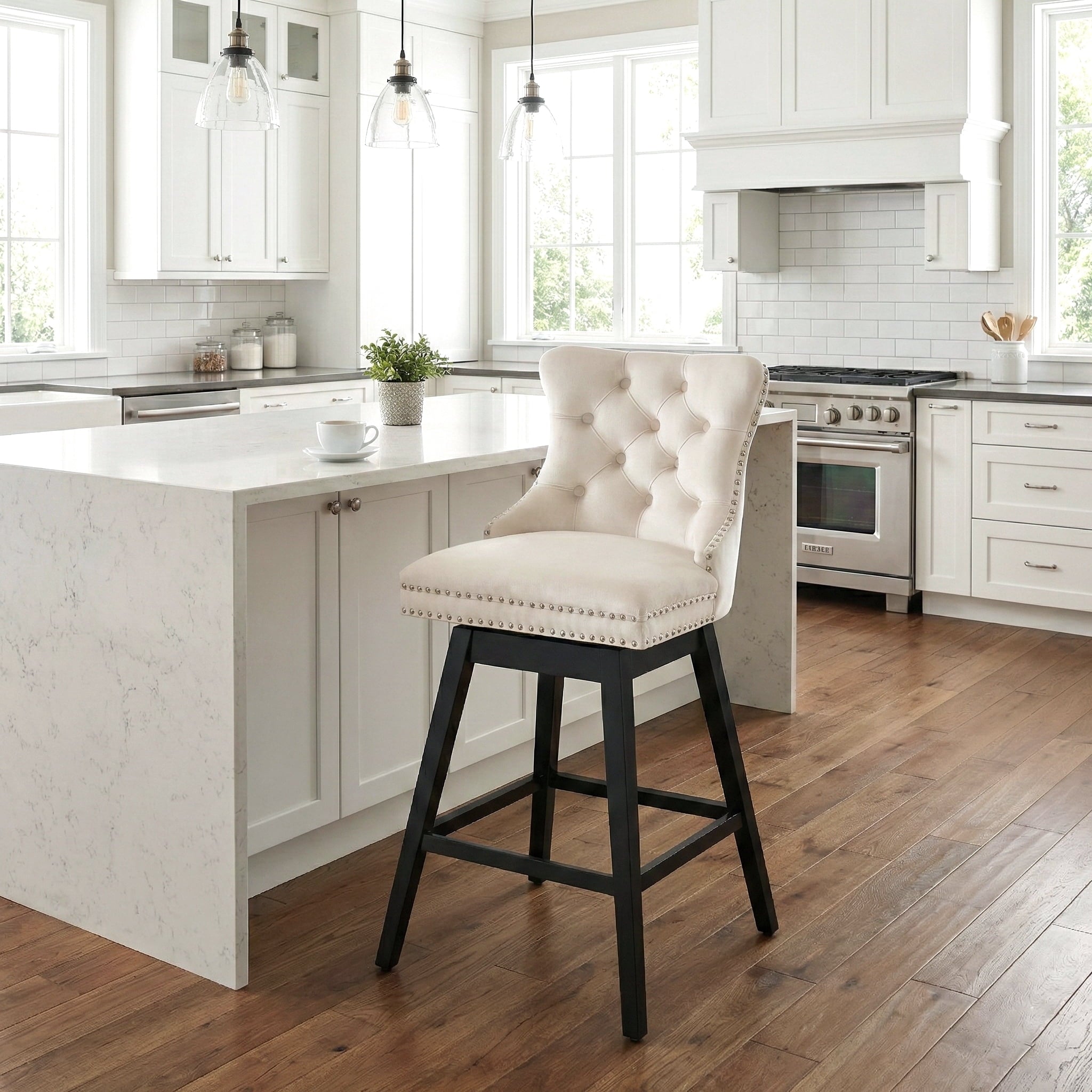 Fahomiss 26" Counter Height Swivel Bar Stools, Beige Velvet Kitchen Island Chairs with Back