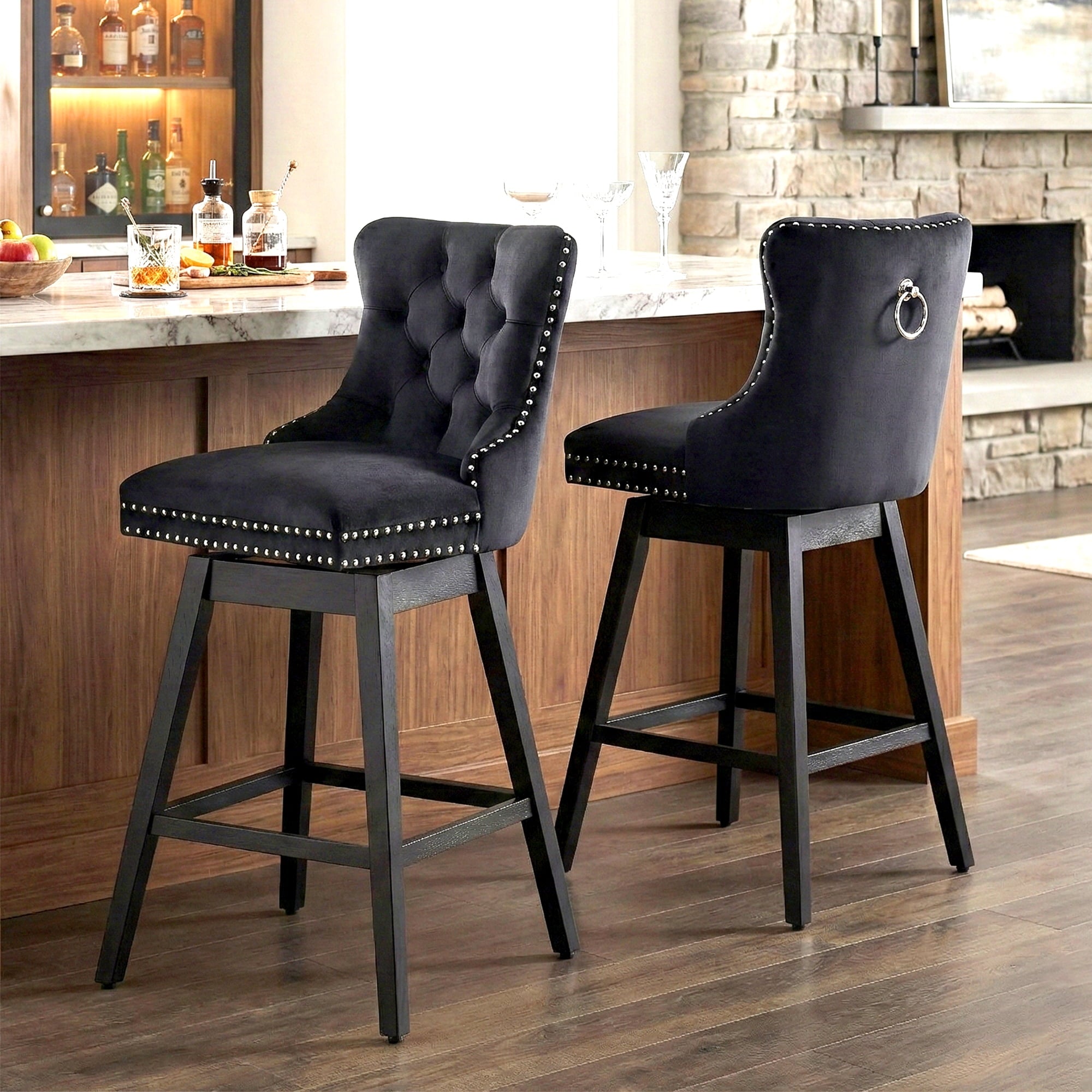 Fahomiss 26" Counter Height Swivel Bar Stools Set of 2, Black Velvet Kitchen Island Chairs with Back