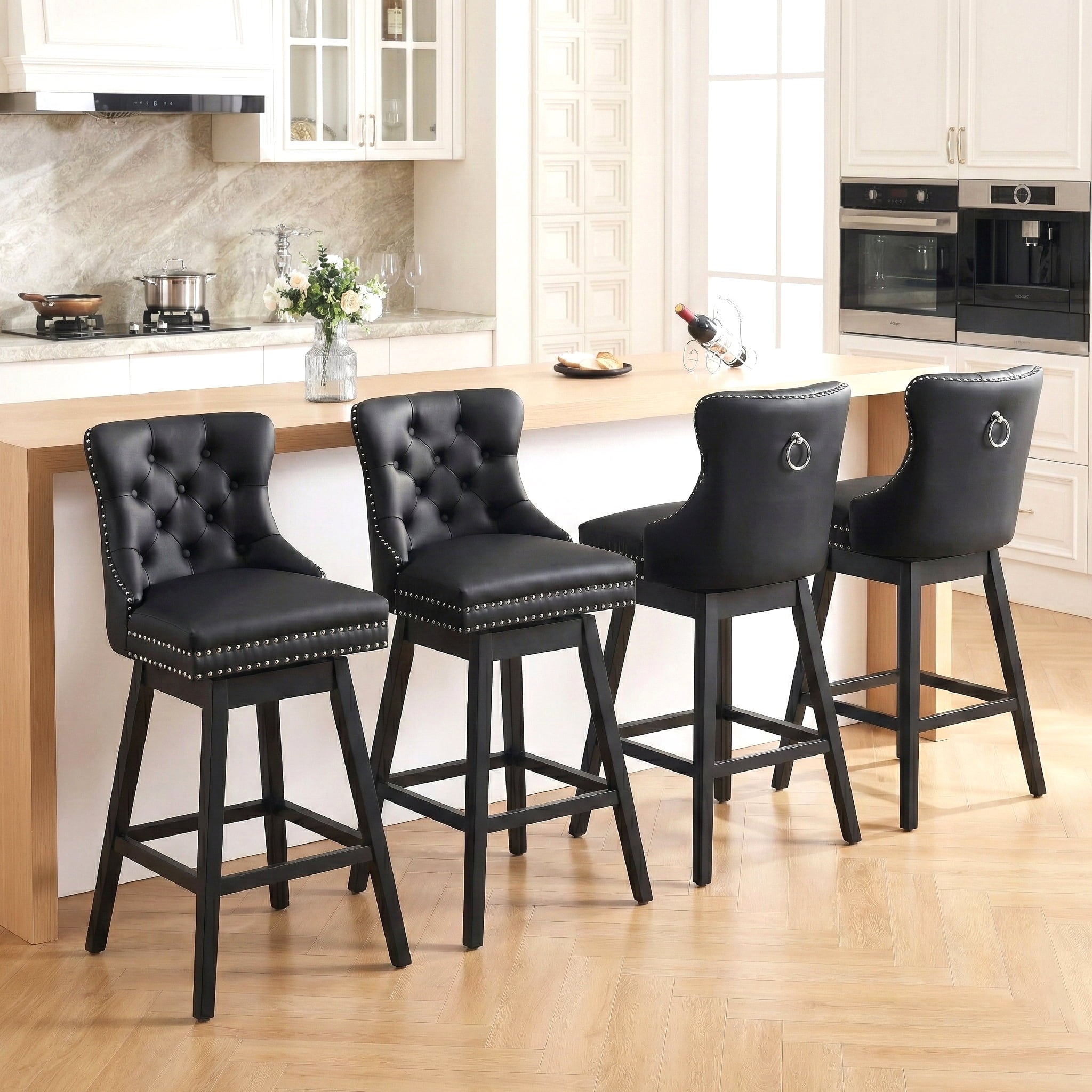 Fahomiss Swivel Bar Stools Counter Height Set of 4, 26" Faux Leather Kitchen Island Chairs with Back, Black
