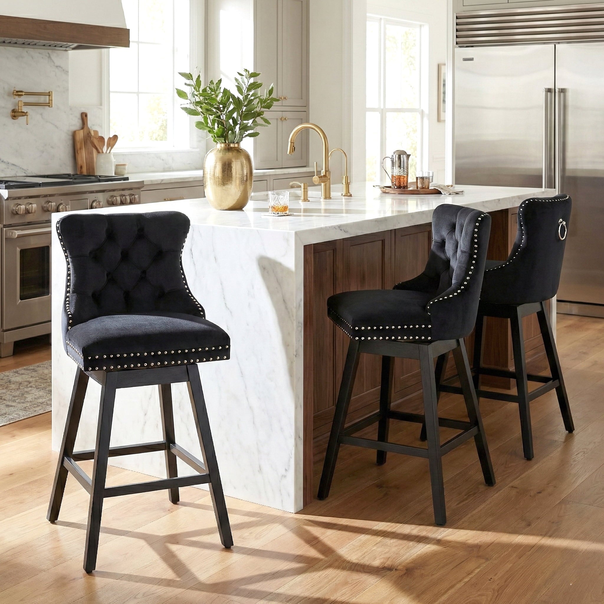 Fahomiss 30" Swivel Bar Stools Set of 3, Black Velvet Bar Height Chairs with Back for Home Pub
