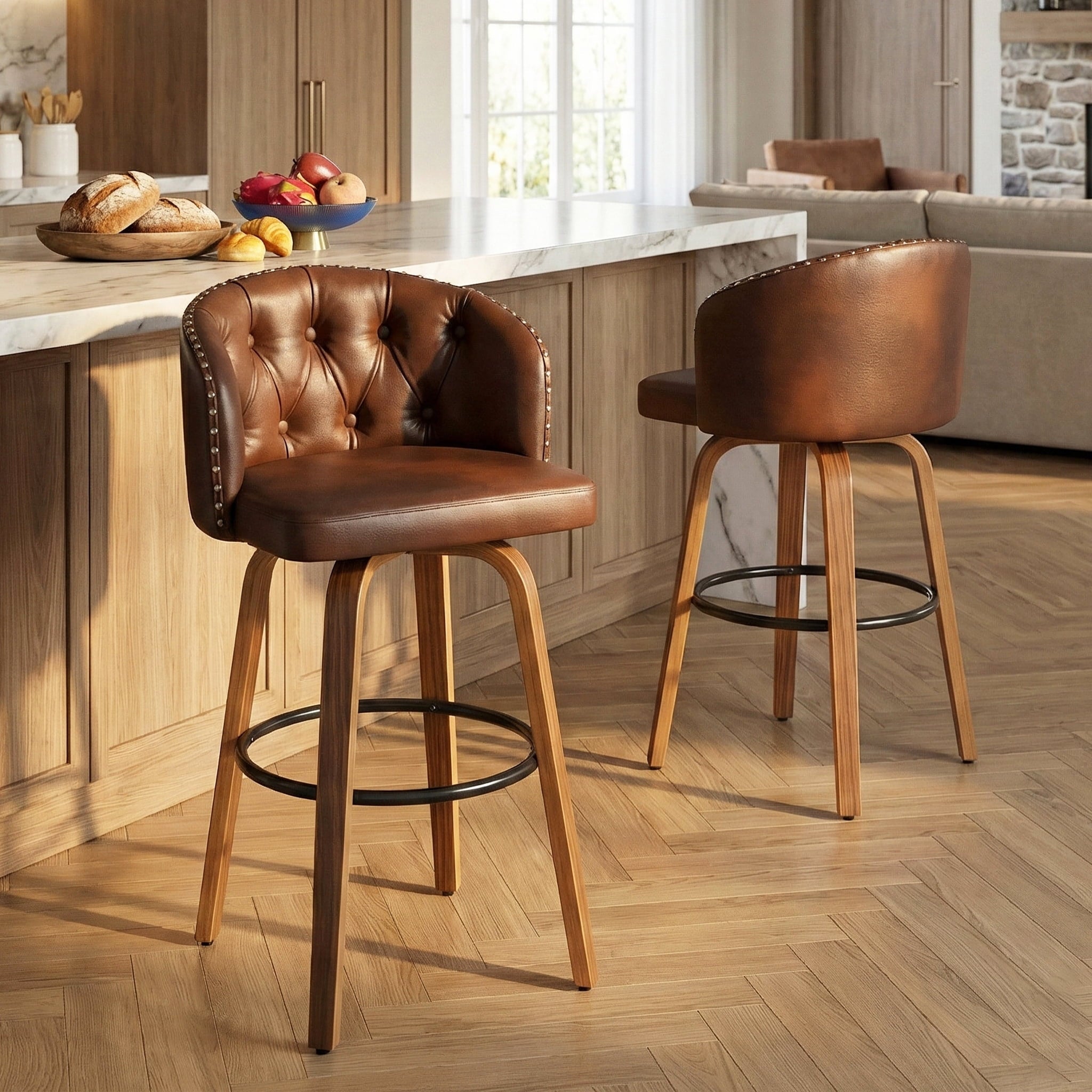 Fahomiss 28" Swivel Bar Height Bar Stools with Back Set of 2, Brown Leather Farmhouse Stools