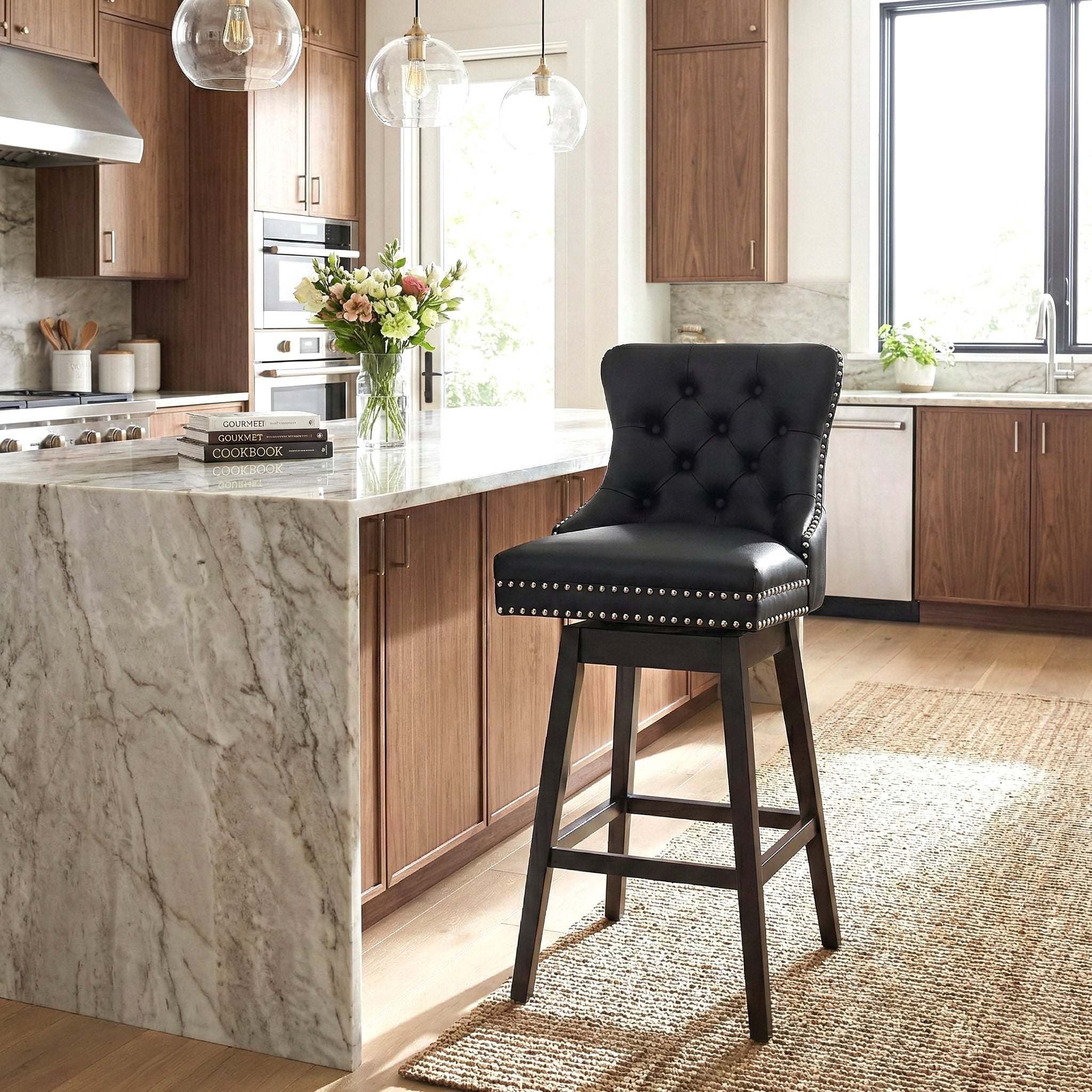 Fahomiss Swivel Bar Stools, 30" Bar Height Faux Leather Chairs with Back for Home Bar, Black