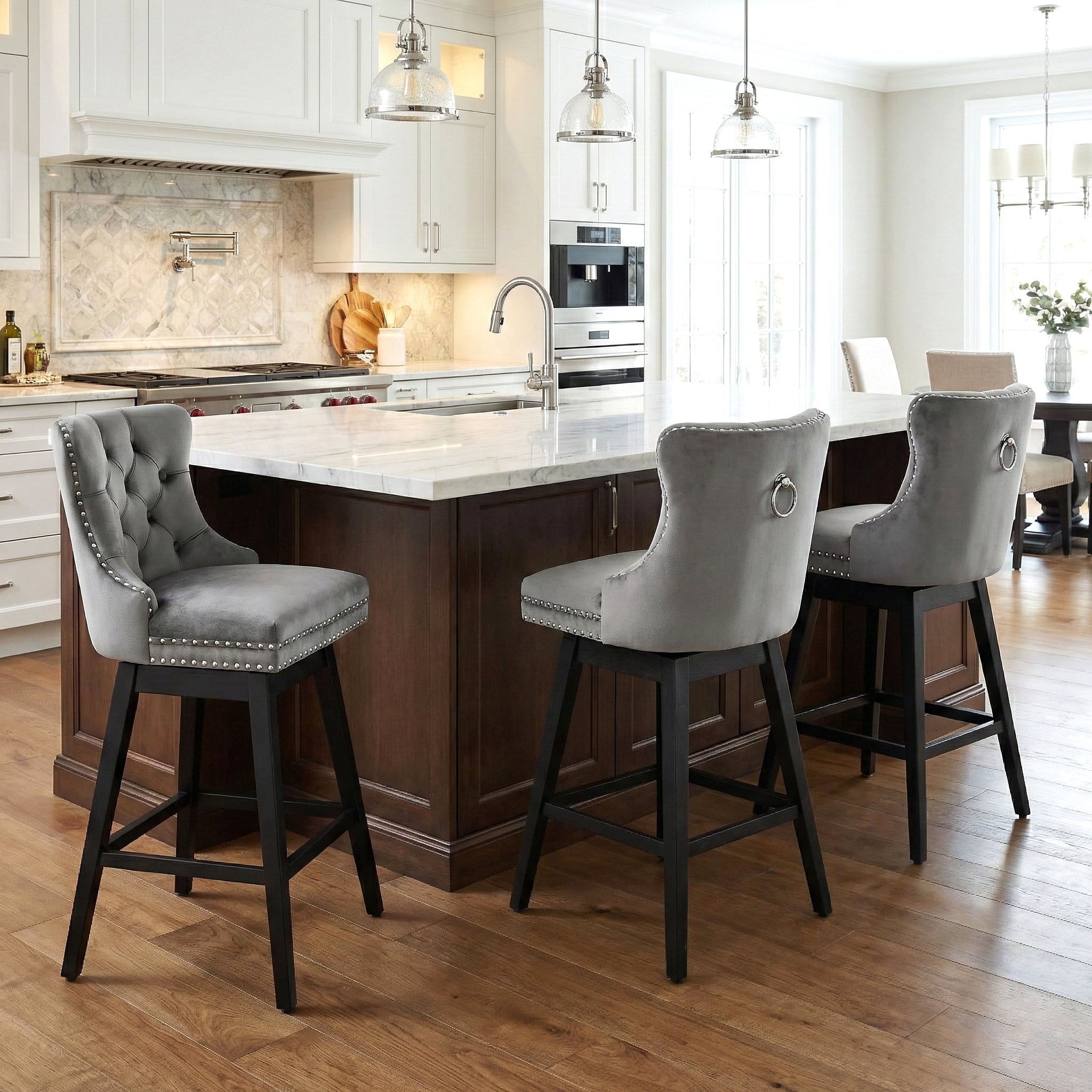Fahomiss 30" Swivel Bar Stools Set of 3, Gray Velvet Bar Height Chairs with Back for Home Pub