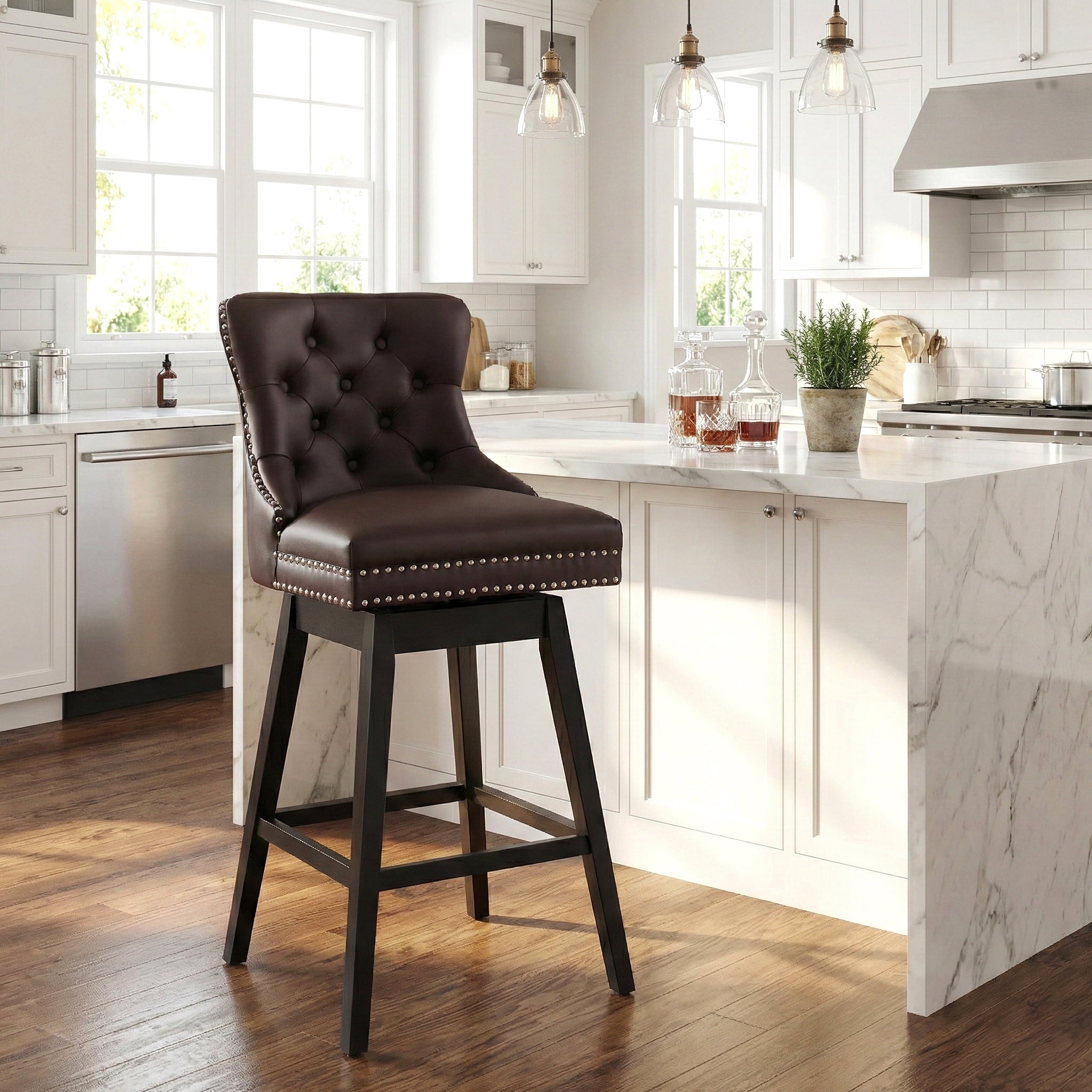 Fahomiss Swivel Bar Stools Counter Height, 26" Faux Leather Kitchen Island Chairs with Back, Brown