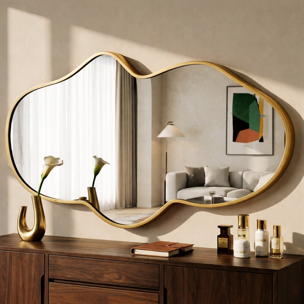 Fahomiss 26"x43" Irregular Wall Mirror, Gold Fluid Asymmetrical Mirror for Bathroom Vanity