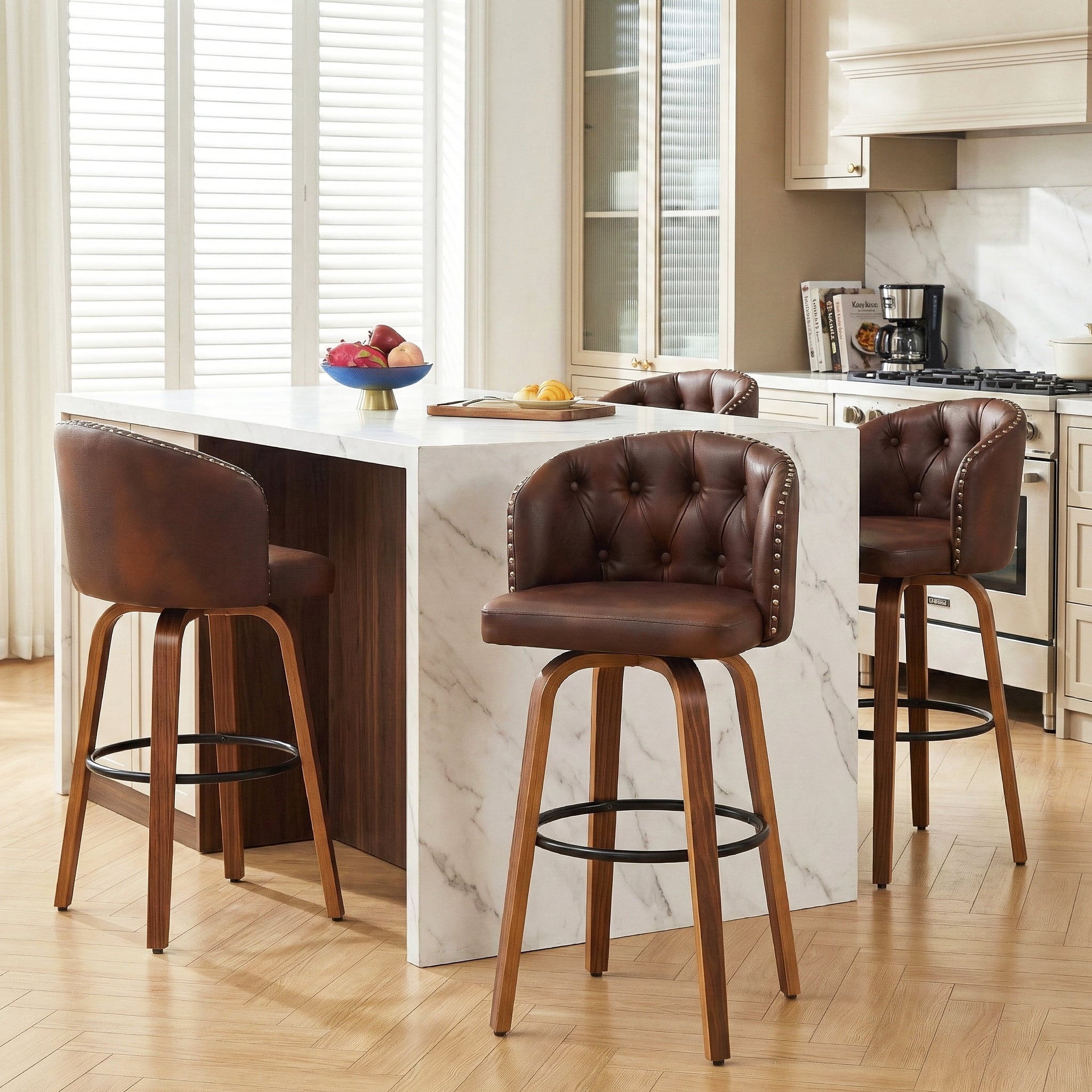 Fahomiss 28" Swivel Bar Height Bar Stools Set of 4, Brown Leather Farmhouse Chairs with Back