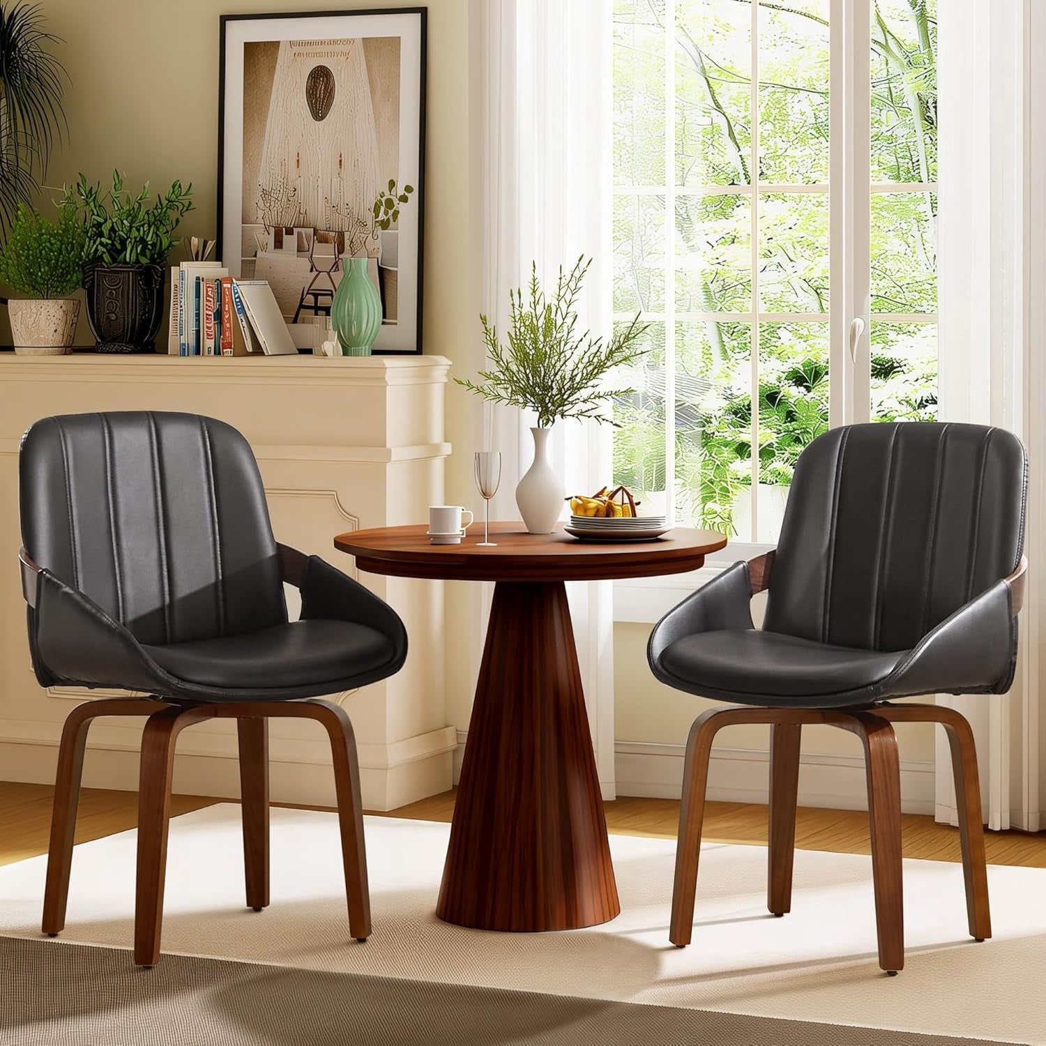 Fahomiss Swivel Dining Chair Set of 2, Mid Century Kitchen Chairs Black PU Leather