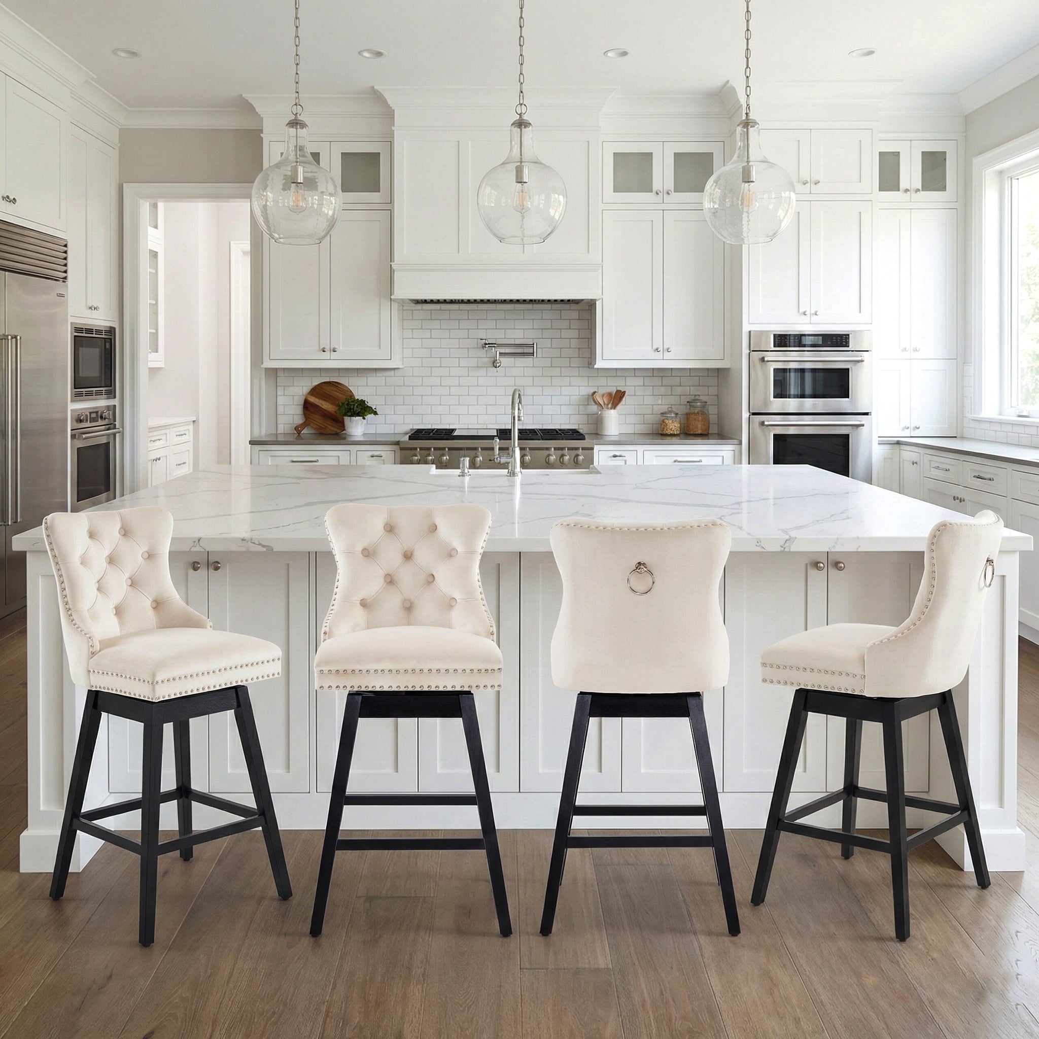 Fahomiss 26" Counter Height Swivel Bar Stools Set of 4, Beige Velvet Kitchen Island Chairs with Back