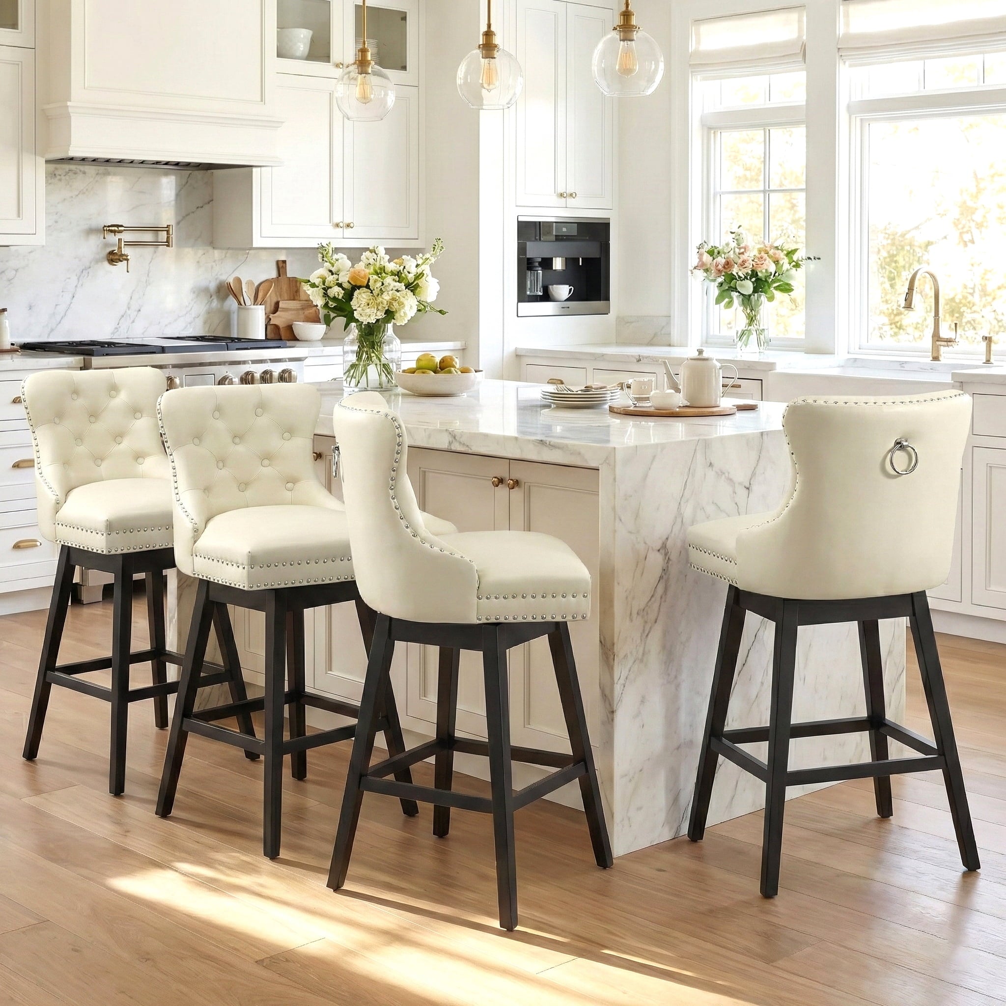Fahomiss Swivel Bar Stools Counter Height Set of 4, 26" Faux Leather Kitchen Island Chairs with Back, Beige