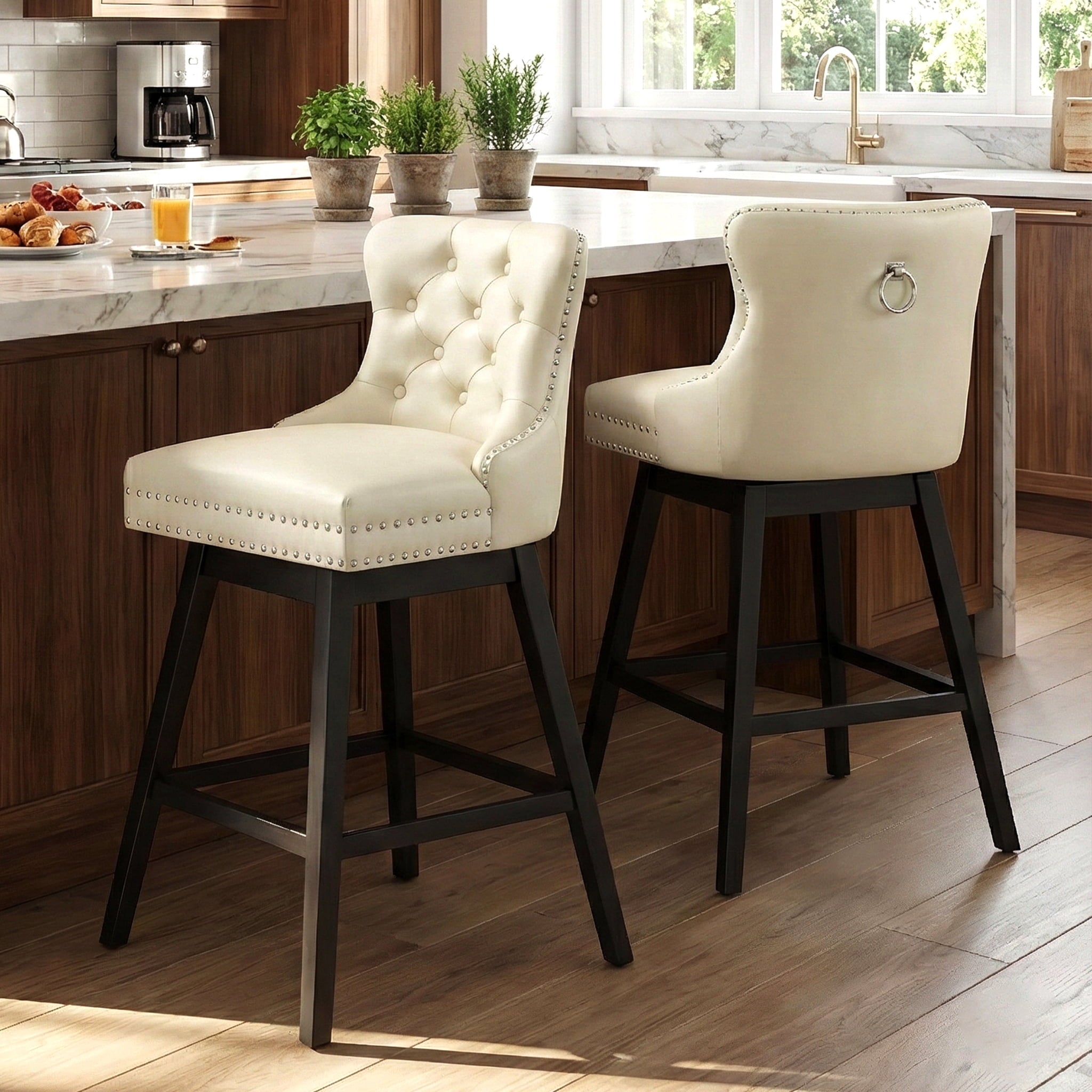 Fahomiss Swivel Bar Stools Set of 2, 30" Bar Height Faux Leather Chairs with Back for Home Bar, Beige