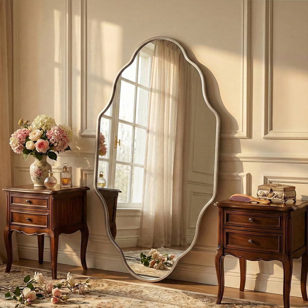 Fahomiss 26"x46" Scalloped Wall Mirror, Silver Modern Bathroom Vanity Decor