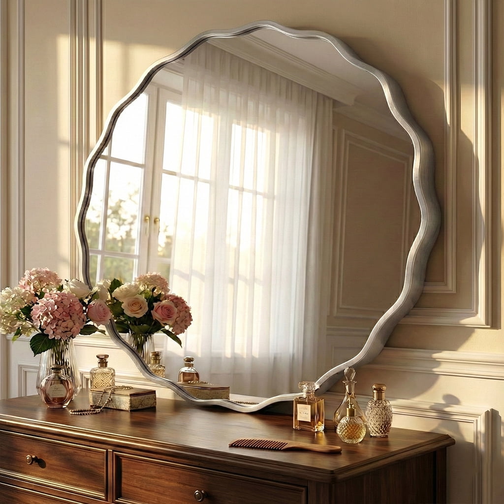 Fahomiss 32" Large Round Mirror, Silver Wall Mirror with Wavy Frame for Bathroom Vanity